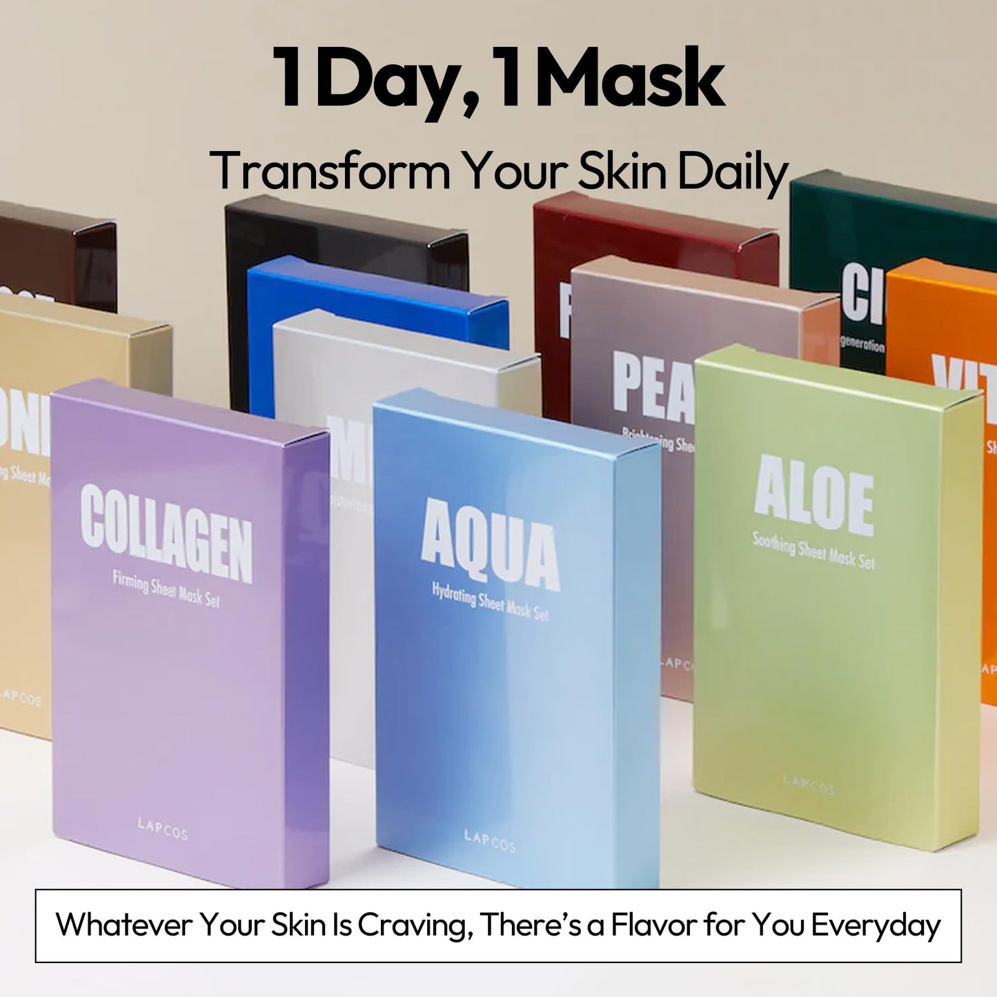 LAPCOS Daily Sheet Mask Variety Pack 7+1 (Version 1) Daily Face Masks - Hydrate, Clarify, Nourish, Exfoliate & Renew Skin, Korean Beauty Favorite (8 pack)